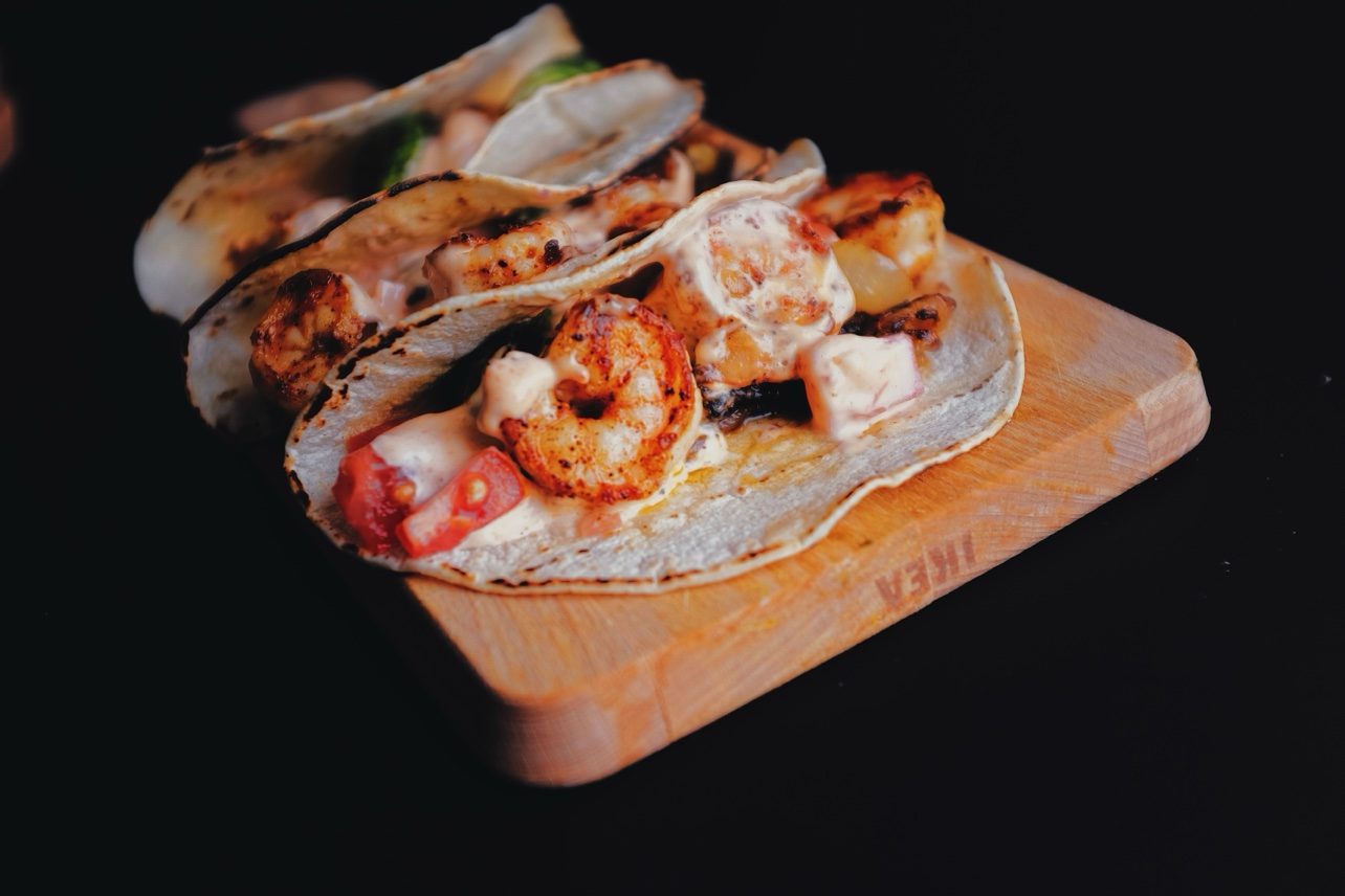 Shrimp tacos, dark moody shoot